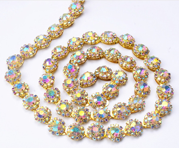 New listing 90cm AB strass crystal rhinestone gold 12mm width tone round chain fancy costume applique trim sewing