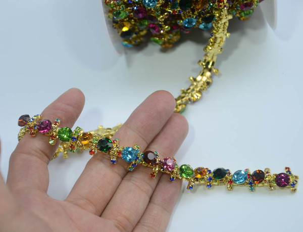 free shipping 1 yard multicolors rhinestone gold chain hair dresscollar garment sewing accessory crystal trim