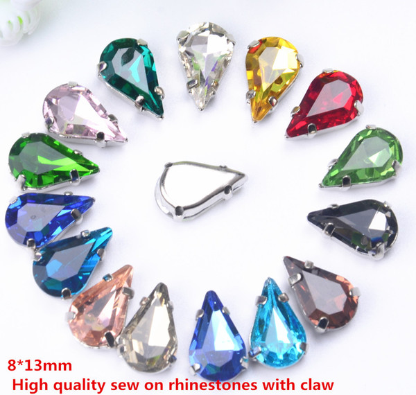 free shipment 8x13mm 40Pcs/Lot Sew on Teardrop Pear Crystal Fancy Stone with 4 Holes Metal Claw Setting