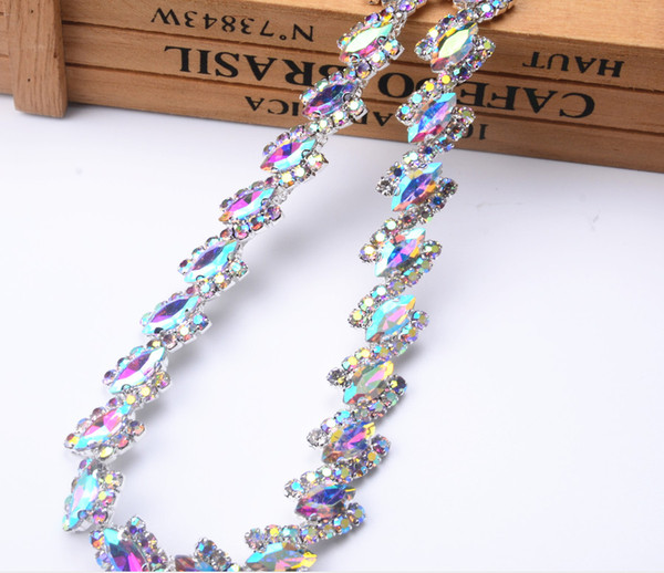 1.8cm width 1yard Horse eye AB glass Crystal flower Clear Glass Rhinestone Bridal Trim Fashion Chain Silver Belt Sash Bags Shoes