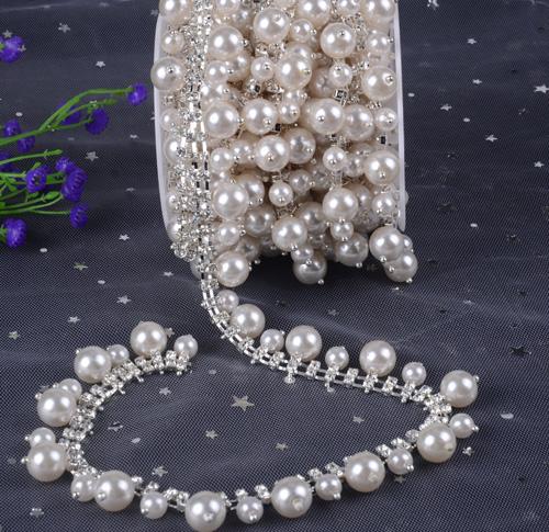 New 1yard pearl tassel tapes glass Crystal flower Clear Glass Rhinestone Bridal Trim Fashion Chain Silver Belt Sash Bags Shoes