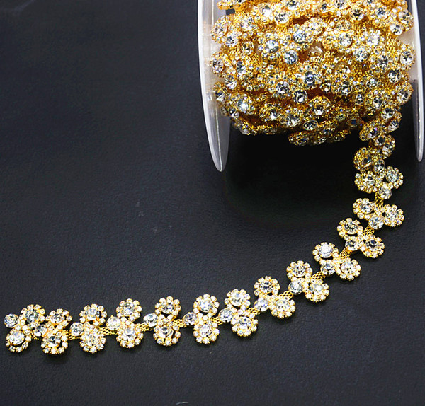 New design!double flower crystal rhinestone Gold Luxury Costume chain Applique sunshine beads Trims 1Yd/lot