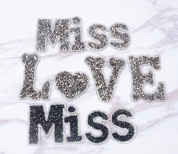 Free shipping Miss LOVE design 5pcs/lot hotfix rhinestones heat transfer design iron on DIY motifs applique garment bag shoehat