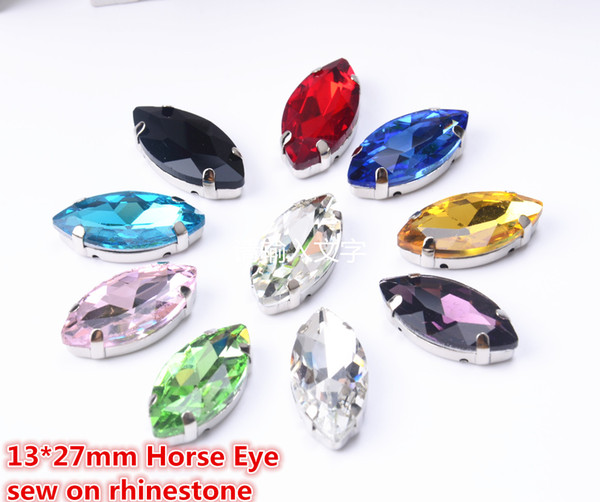 free shipment,Sew On beads 13*27mm 25Pcs/Lot Horse eye shape Crystal Fancy Stone with brass Claw Setting 4 holes button