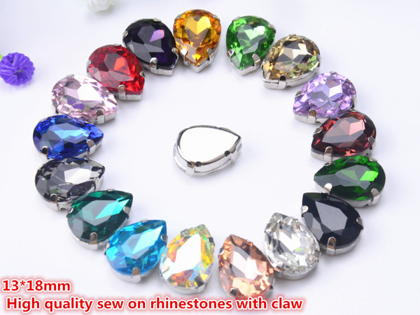 free shipping 30pcs/lot 13*18mm Teardrop stones and Crystals Sew On buttons 4 holes Sewing Crystal button with claw Settings