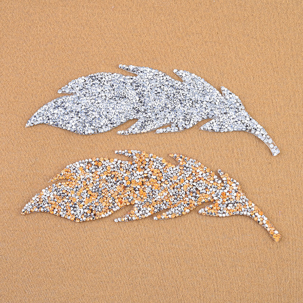 fashion rhinestone leaves feather embroidered patch iron on sewing crystal applique for jeans clothes decoration