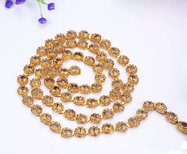 Free shippment Flower Crystal rhinestone gold tone chain topaz stone costume applique trims sewing for garment 12mm 1yards/lot