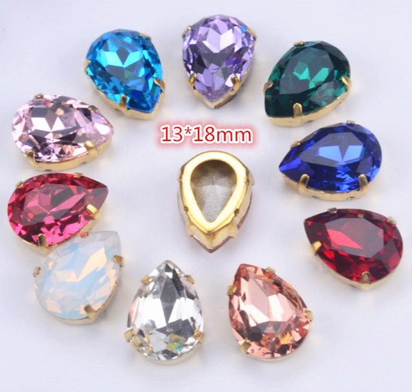 Free shipping 30pcs/lot 13x18mm waterdrop highest quality K9 sew on stones crystal beads with gold claw no any scratch dirty