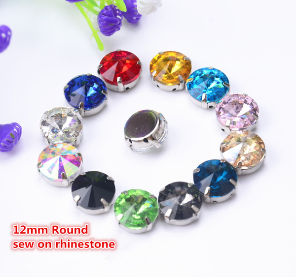 free shippment!50 pcs/lot 12mm Rivoli Round Sew On button Glass Crystal Stone beads with metal claw setting for diy garment