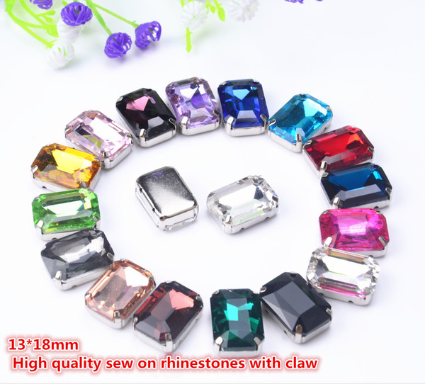 free shipping 30pcs/lot 13*18mm Rectangle stones and Crystals Sew On buttons 4 holes Sewing Crystal button with claw Settings