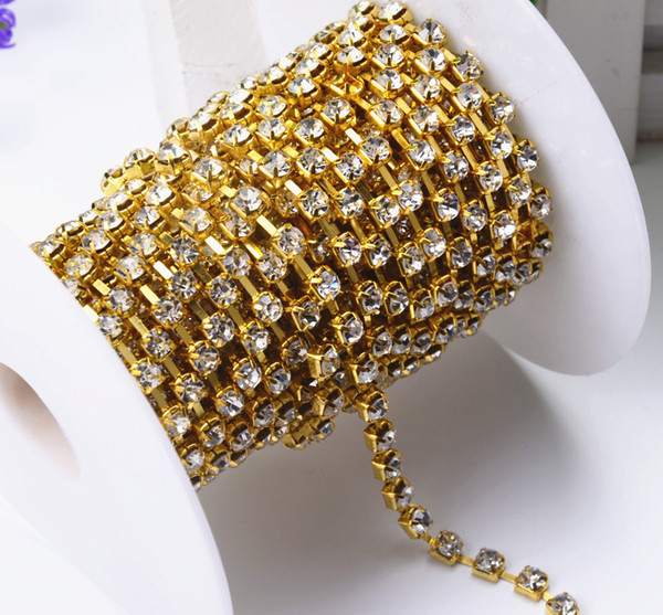 SS8 to SS28 10 yards/roll gold base clear crystal gold sliver chain base new style diy beauty accessories rhinestone chain