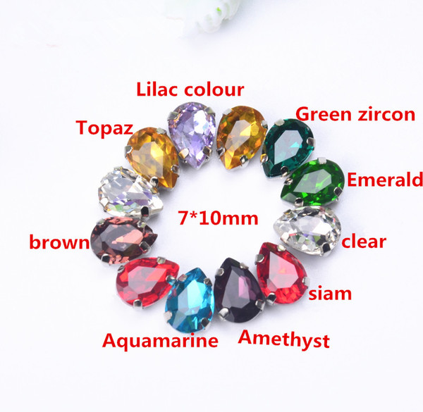 free shipment! small 7x10mm 50Pcs/Lot waterdrop/Teardrop Pear Sew on Crystal button beads Fancy Stone with Metal Claw Setting