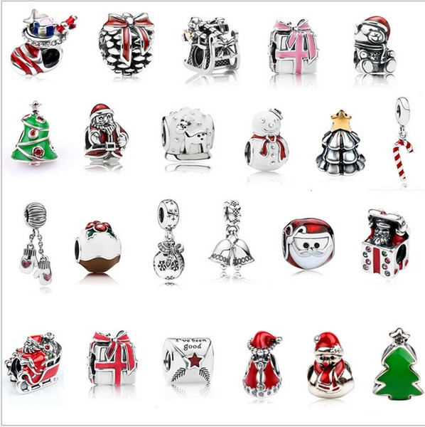 Wholesale 30pcs Mixed Christmas Charm Sterling Silver European Charms Bead Big Hole Fit Pandora Bracelets Snake Chain Fashion DIY Jewelry