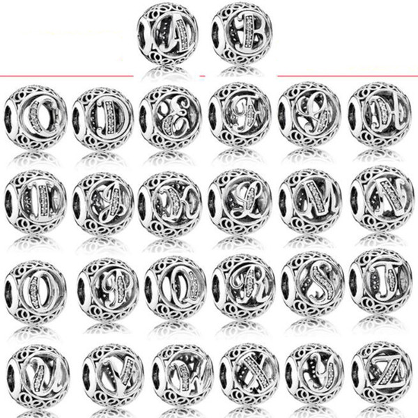 Wholesale 925 Sterling Silver Vintage Clear Letter Bead Charms Fit Original Pandora Women Charm Bracelets Silver Jewelry