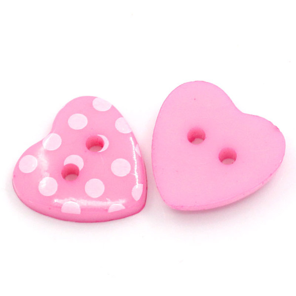 100PCs Pink Love Heart Shaped Resin Sewing Buttons Scrapbooking White Dots Pattern DIY Crafts Accessories 15x14mm