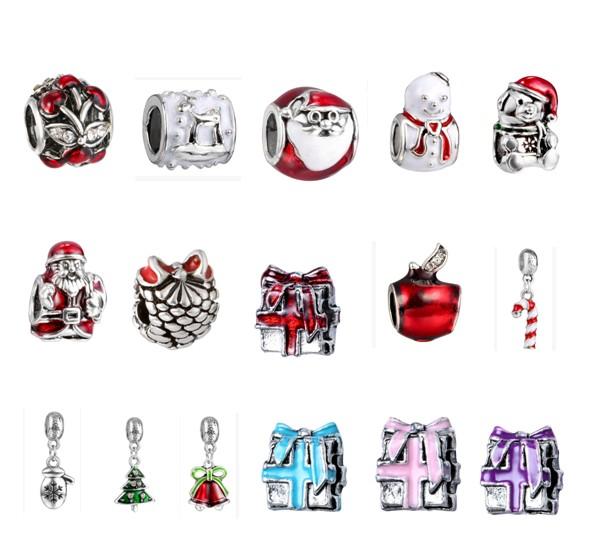 Wholesale 30pcs/lot Christmas Charm Color Silver European Charms Bead Big Hole Fit Pandora Bracelets Snake Chain Fashion DIY Jewelry