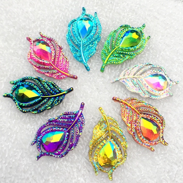 New 50pcs Fashion Style Sew on Crystal Rhinestones peacock feathers Flatback Leaf Shape 20*38mm Handsewing Gem Stones-B07*5