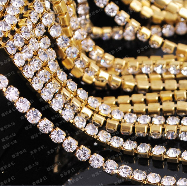 Super close rhinestone chain,10yard/lot clear crystal ss6-ss12(2mm-3mm) silver/gold base chain garment sewing diy beauty