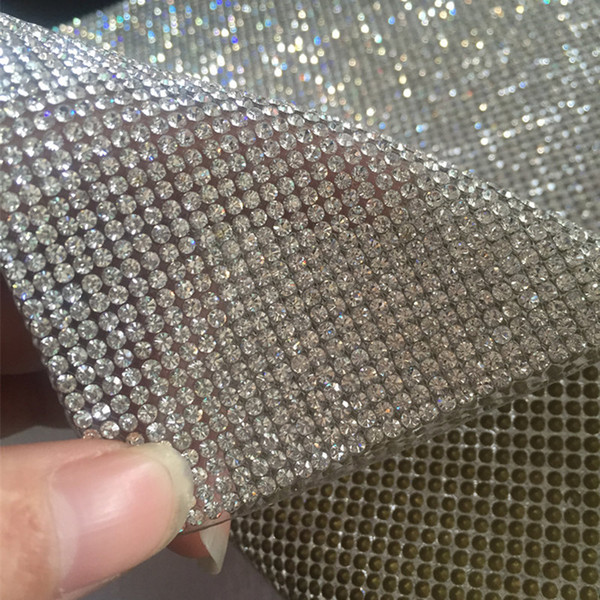 Free ship!2mm super close Clear Crystal Rhinestone Beaded Trim Diamond Mesh Hotfix or self ADHESIVE roll strass Applique Banding for Decorat