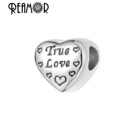 Reamor On Sale 5pcs 316l Stainless Steel Heart Beads Text True Love European Charms Beads For Women Bracelet Jewelry Making Gift