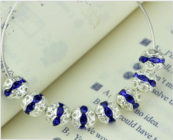 8MM Hollow Sapphire Color Loose Beads Charming Crystal Rondelle Silver Plated Ball Rhinestone Spacers Great for Weddings