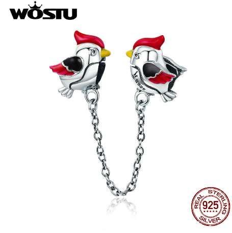 WOSTU Genuine 925 Sterling Silver Red Enamel Love Bird Chain Pendant Beads For Original Bracelet Charm Bracelet FIC587