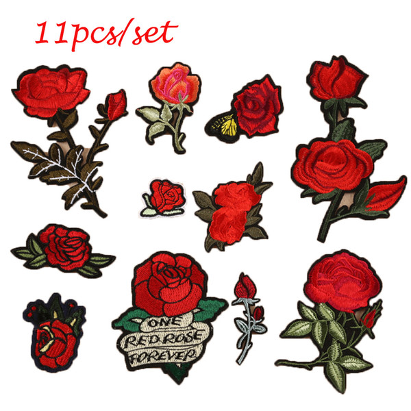 Sew Embroidery Rose Flowers Iron On Patch Badge Applique Patch With Glue Clothing Fashion Accessory 11pcs/set