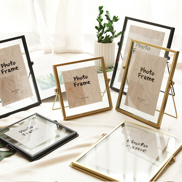 Creative Glass Floating Photo Frame Nordic Metal Wire Desktop Picture Holder Home Wedding Decor Gold Silver Black 4x4 4x6 4x7