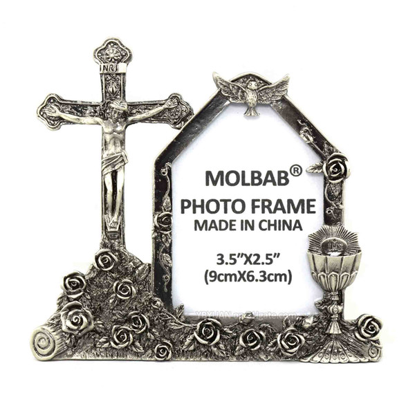 Classic Tabletop Metal Photo Frame With Jesus Crucifix Alloy Christian Holy Cross Picture Frame Catholic Church Art Home Decor 3.5X2.5 inch