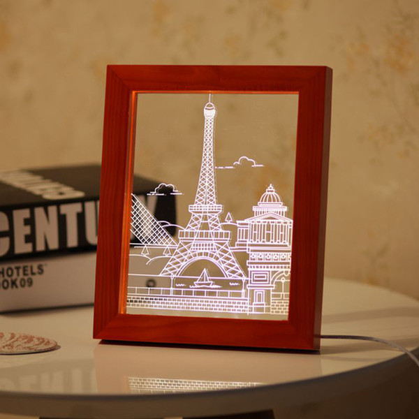 3D LED Light Wood Paris Picture Frame Desk Lamp Room Decoration USB Night Lights