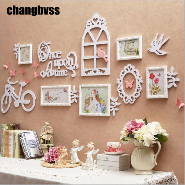 Spring Design Lovely Bicycle Bird Decor Photo Frame Wall,5 pcs/set White/Pink Wooden Wall Hanging Picture Frame,marco foto