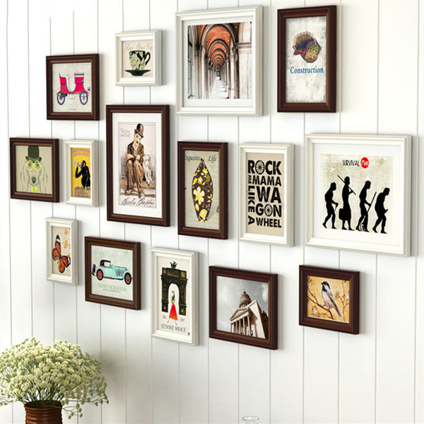 Pastoral Style Picture Frame Set Chocolate And White 15pcs/set Photo Frame Wall Solid Wood Picture Frame For Painting Home Decor