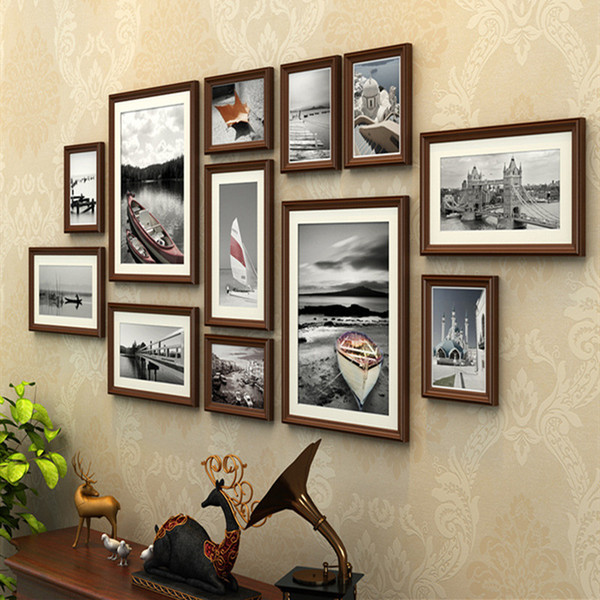 12pcs/set Photo Frame Combination Pastral Style Wall Hanging Photo Frame Wood Sofa Background Home Decor Picture Frames Quality