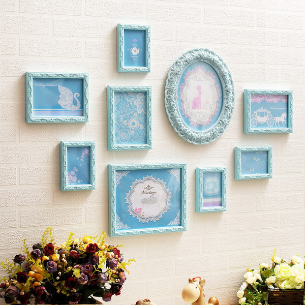 Hot Selling 9 pcs/set Wall Photo Frame Set,Europe Style Blue White Carved Wooden Picture Frames Wedding Home Desktop Decotation