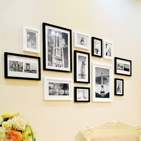 Fashion Black White Picture Frames Set Brand Decor Wooden Photo Frames 12 pcs/set Wall Hanging Photo Frame porta retrato moldura