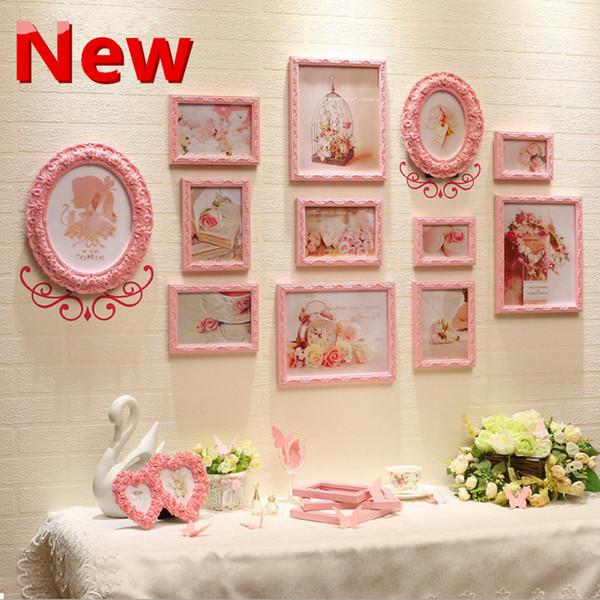 12 Pcs Wood Picture Wall Cadre Collage Photo Frame,Romantic Modern minimalist Set For Wedding Decoration,Pink Frame Set Follow