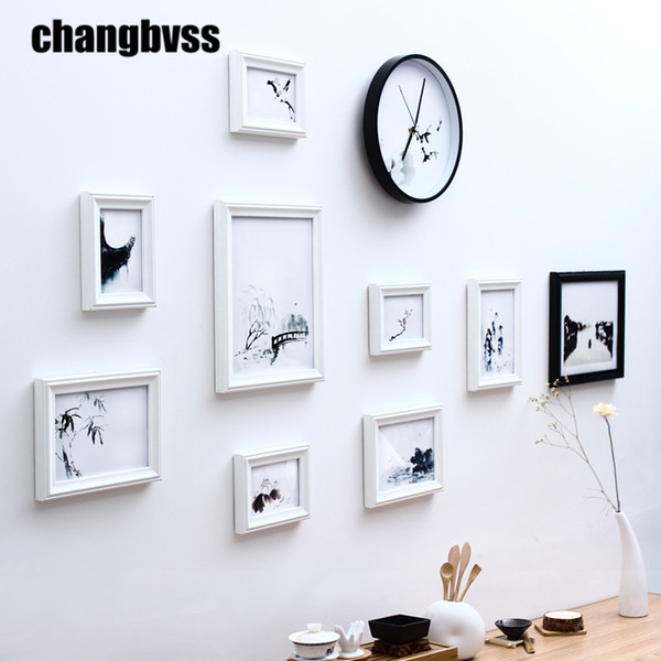 9 pcs/set Modern Simple Black/White Home Decor Photo Frame Wall With Clock,New Wooden Picture Frame Combination,porta retrato