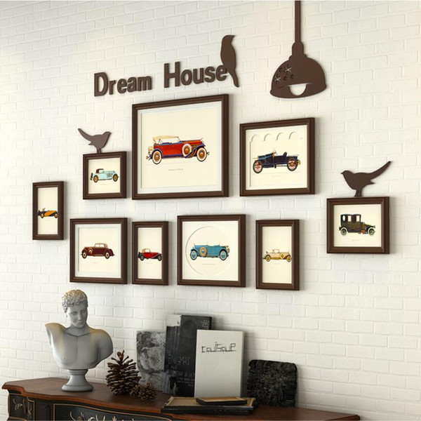 Europe Style 9 pcs/set Wood Photo Frame Family,Picture Frame Wall with Acrylic Sticker,Picture Frames Sets,Vintage Photo Frames