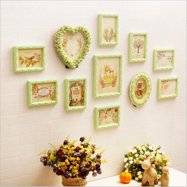 11pcs/set Flower Decor Green/White Wooden Picture Frame Wall Lovely Gift Baby Wall Hanging Photo Frame,marcos de fotos pared