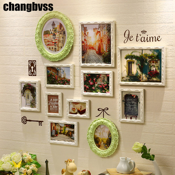 Fresh Matcha Green & White Color Wood Frames for Living Room Home Decor Wall Hanging Picture Frames 11 pcs/set Photo Frames Set