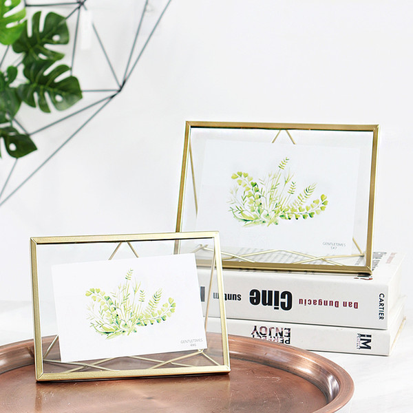 Creative Pressed Glass Floating Frame Fashion Geometric Metal Wire Photo Frame Stand for Wall Desk Wedding Decorations 4x6 5x7 Gold Silver