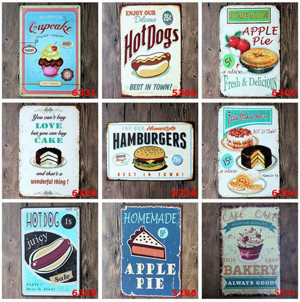 500pcs Vintage Metal Tin Sign Cake Dessert Hamburger Europe Retro Plaque Poster Bar Pub Club Ktv Bar House Decor Vintage Signs H395b