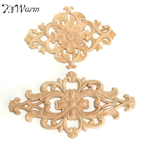 Wholesale- Vintage Flower Pattern Wood Carved Unpainted Wood Oak Carved Round Onlay Applique Plaques Furniture Home Decoration Two Size