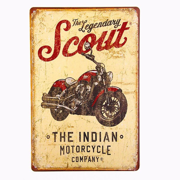 INDIAN MOTORCYCLE The Legendary Scout Antiqued Metal Retro Tin Plate Sign