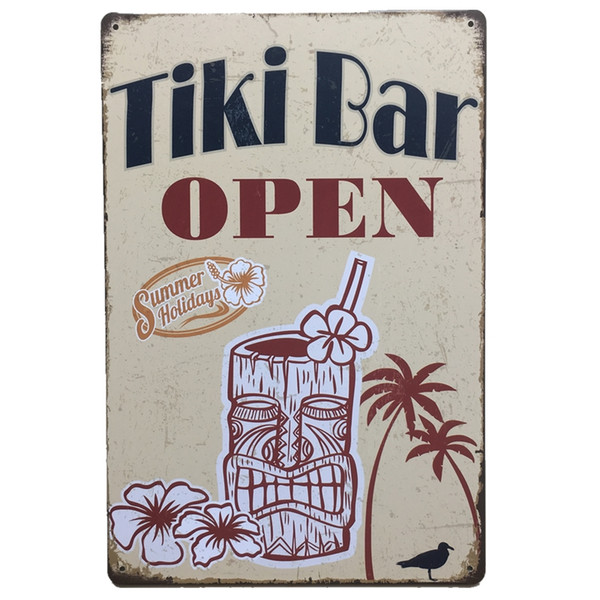 20x30cm Tiki Bar OPEN Summer Holidays Beer Coconut Tree Tin Signs Vintage Metal Poster Bar Pub Home Wall Decorative Plaques