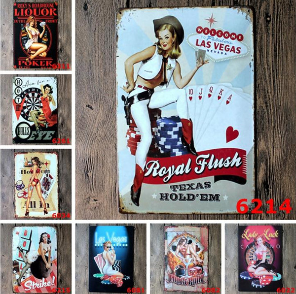 Wall Decor Vintage Metal Painting Sexy Girl Poker Las Vegas Signs Tin Bar Poster Home Decor for Cafe Pub Restaurant Shop Size:20*30cm SN1873