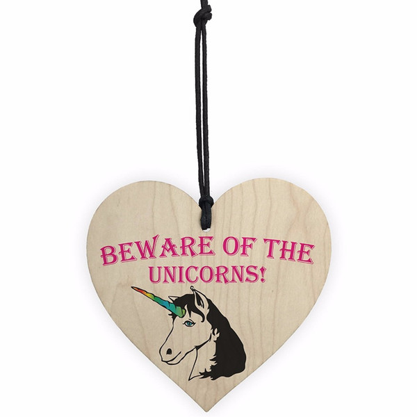 Meijiafei Beware Of The Unicorns Novelty Wooden Hanging Heart Plaque Shabby Chic Gift Sign