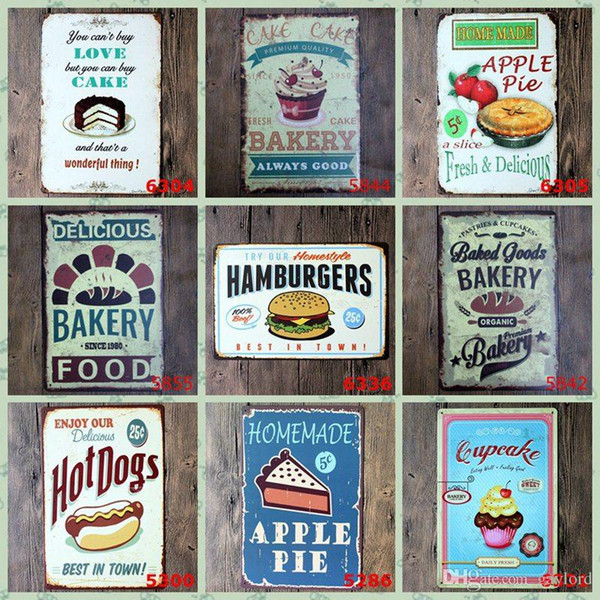 100pcs Cake dessert Hamburg Wall Decor Vintage Craft Art Iron Painting Tin Poster Cafe Shop Bar Club Home Decorate H395g