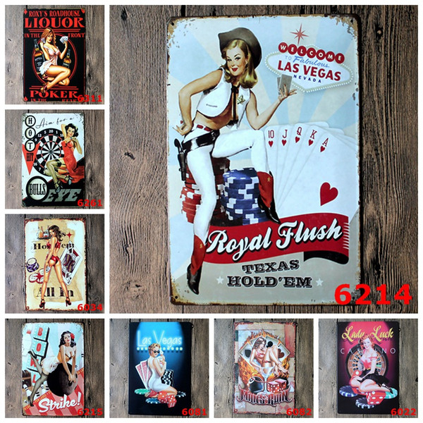 Wall Decor Vintage Metal Painting Sexy Girl Poker Las Vegas Signs Tin Bar Poster Home Decor for Cafe Pub Restaurant Shop Size:20*30cm