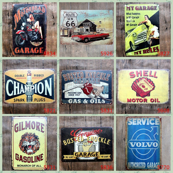 Garage Gilmore Shell Ford VW Champion Motor Oil Cat Dog Retro rustic tin metal sign Wall Decor Vintage Tin Poster Cafe Shop Bar home decor